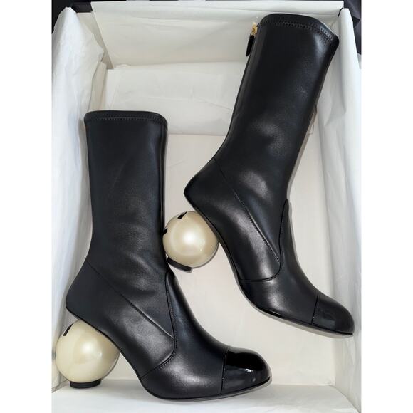 Chanel 25K Black White Pearl Ball Heel CC Logo Stretch Leather Calf Boots 37.5 - Picture 2 of 16